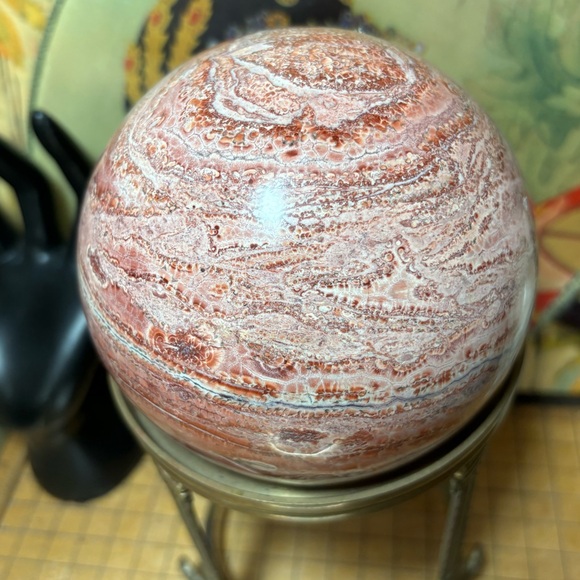 Polished Marble Stone Sphere 4.25”D w Metal Display Stand Pink Red Orange Shades - Picture 5 of 8